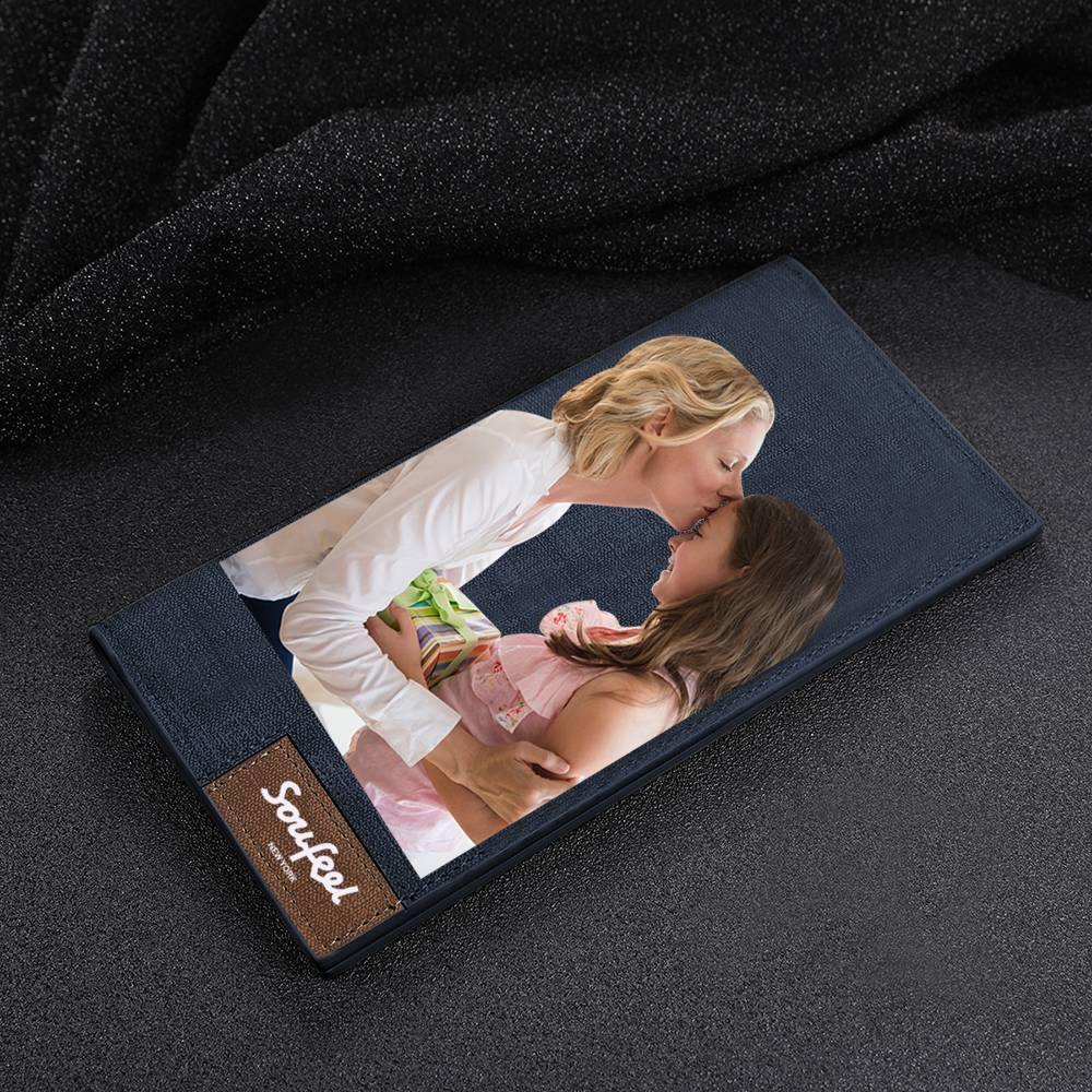 Men's Long Style Bifold Custom Inscription Photo Wallet - Blue Leather