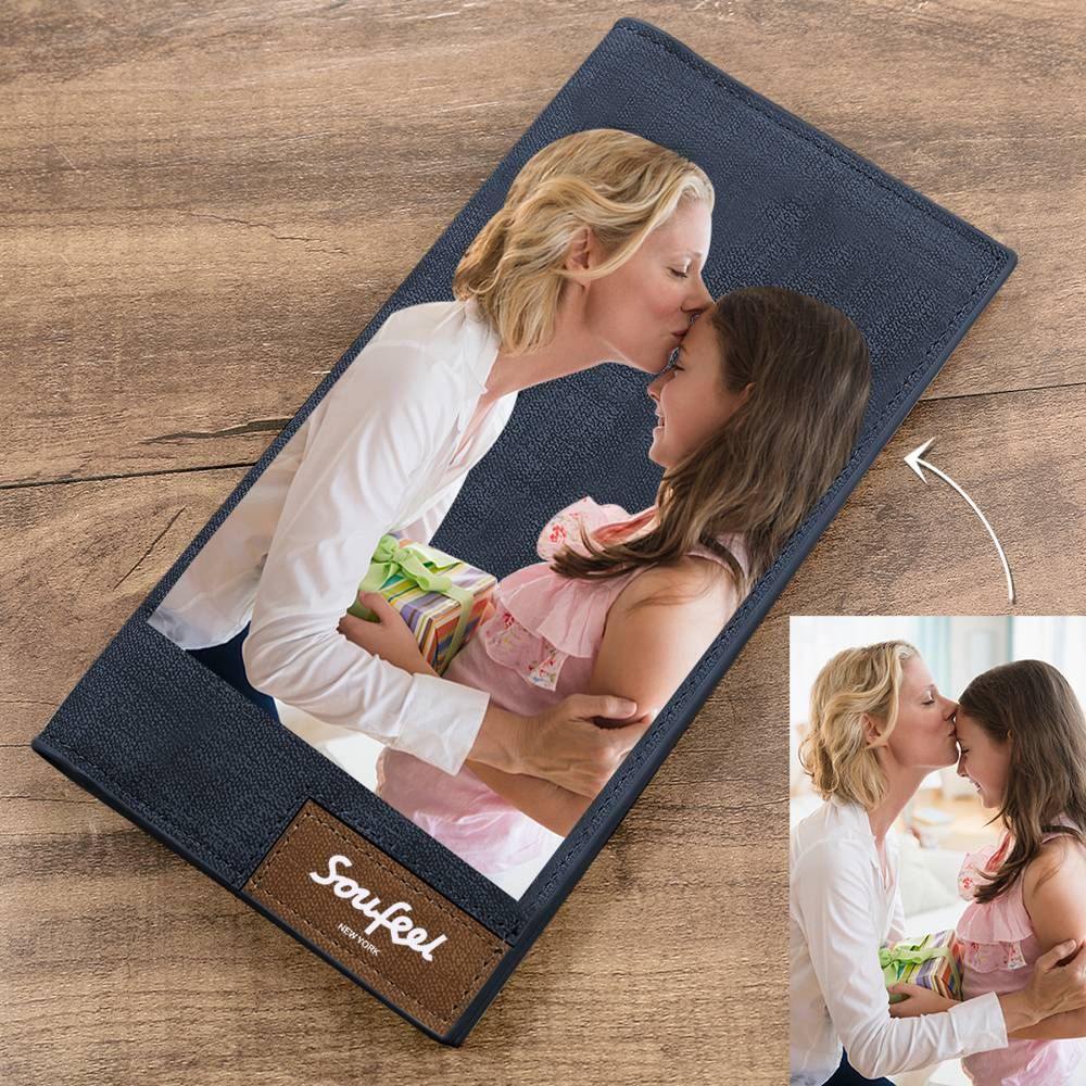 Men's Long Style Bifold Custom Inscription Photo Wallet - Brown Leather