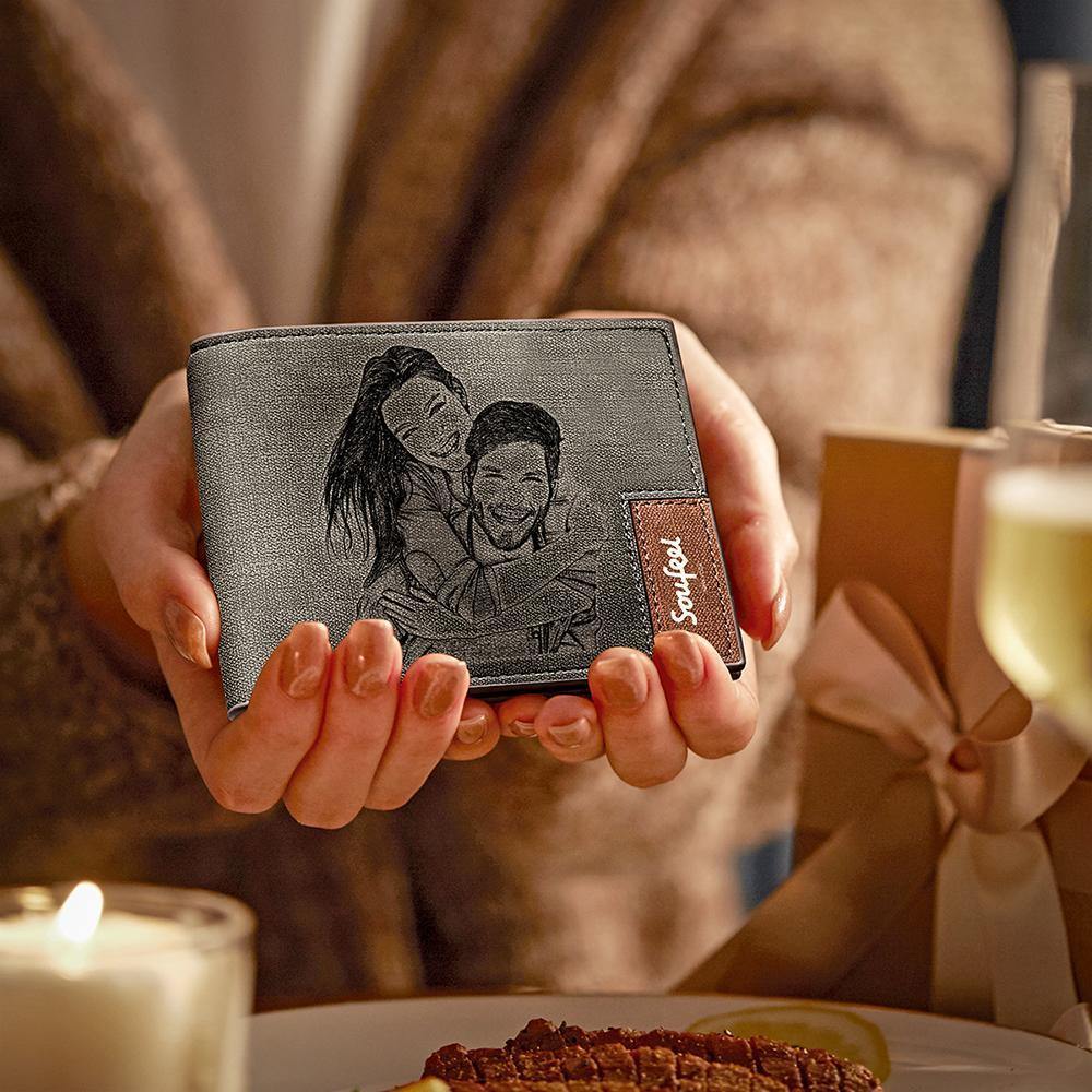Men's Bifold Custom Inscription Photo Engraved Wallet - Coffee Leather Christmas Gifts for Men