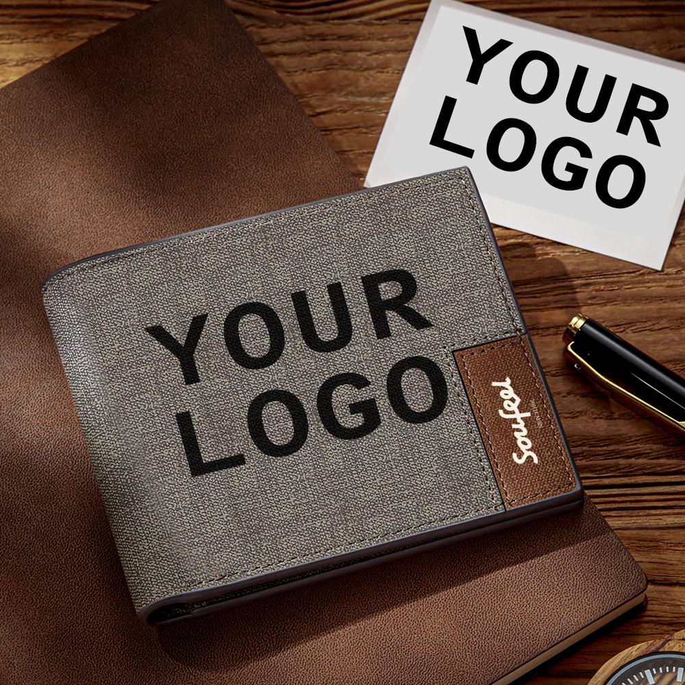 Men's Bifold Custom Inscription Photo Engraved Wallet - Grey Leather Company Logo Gift for Employee