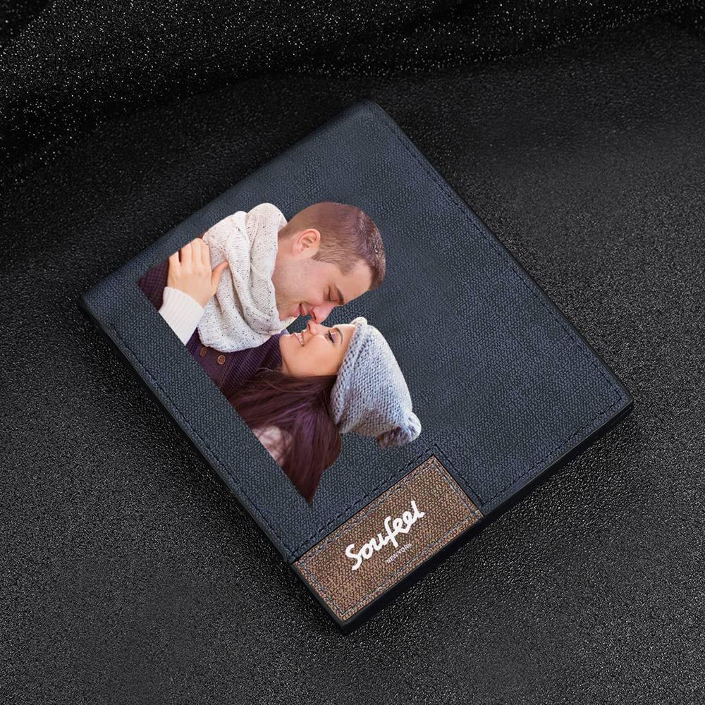 Men's Bifold Custom Inscription Photo Wallet - Blue Leather