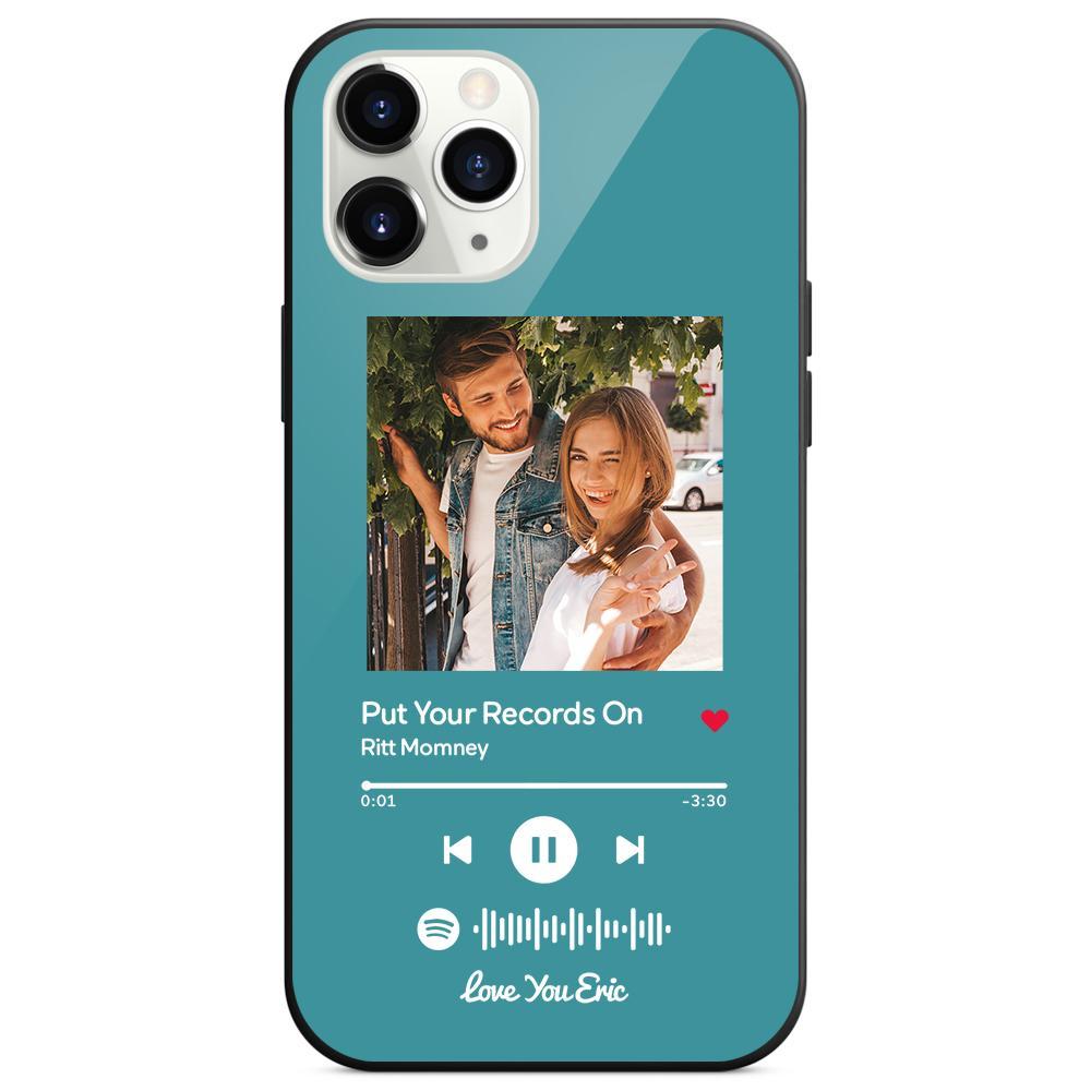 Custom Spotify Code Music iPhone Case with Text Scannable Engraved Custom Music Song Tempered Glass  - Light Blue