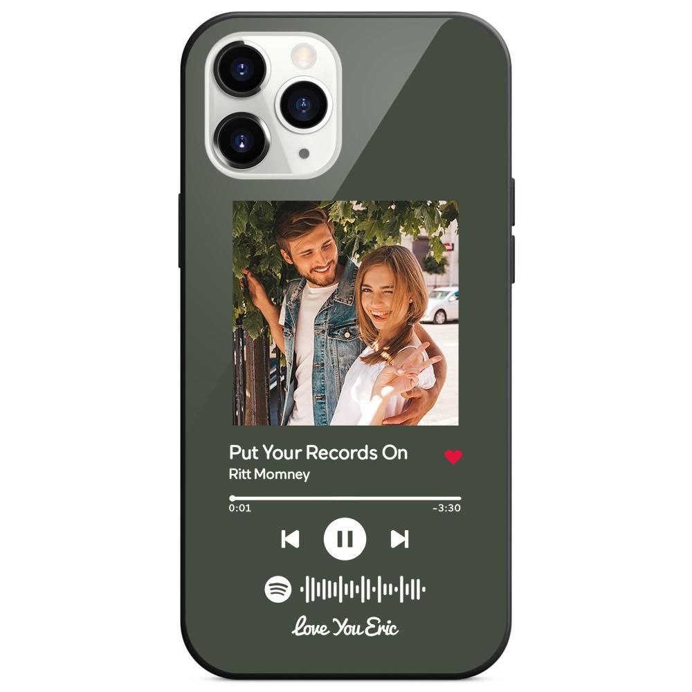 Custom Spotify Code Music iPhone Case with Text Scannable Engraved Custom Music Song Tempered Glass  - Dark Green