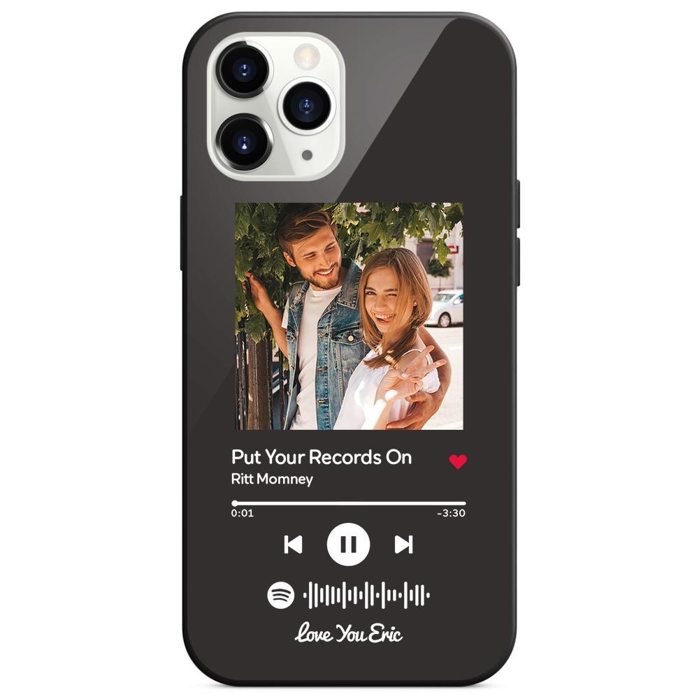 Custom Spotify Code Music iPhone Case with Text Scannable Engraved Custom Music Song Tempered Glass  - Black