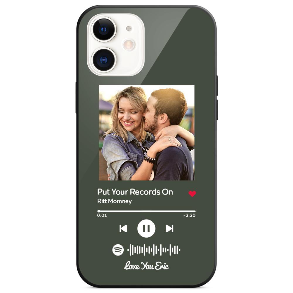 Custom Spotify Code Music iPhone Case with Text Scannable Engraved Custom Music Song Tempered Glass  - Dark Green