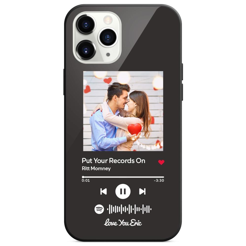 Custom Spotify Code Music iPhone Case with Text Scannable Engraved Custom Music Song Tempered Glass  - Black