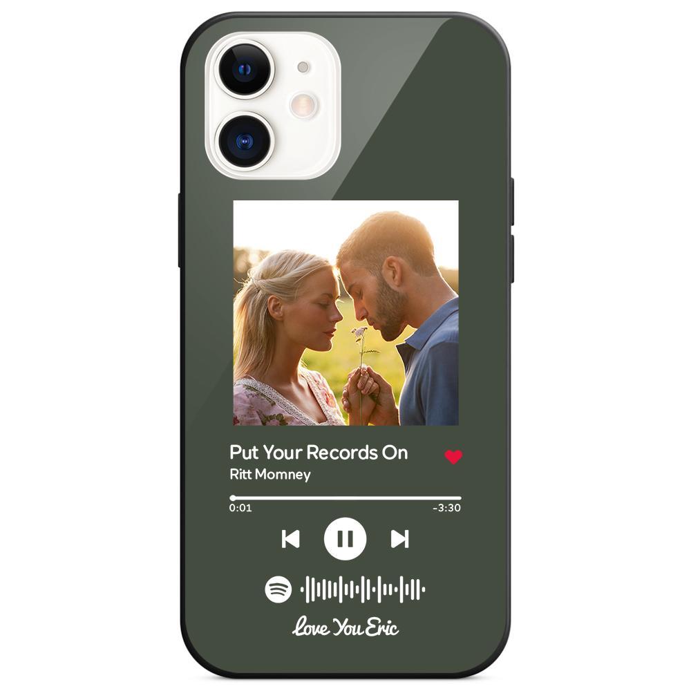 Custom Spotify Code Music iPhone Case with Text Scannable Engraved Custom Music Song Tempered Glass  - Dark Green