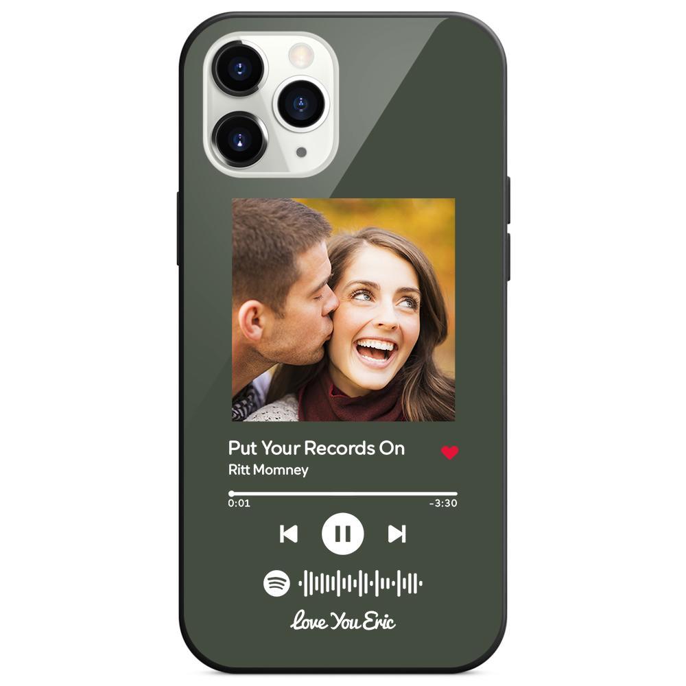 Custom Spotify Code Music iPhone Case with Text Scannable Engraved Custom Music Song Tempered Glass  - Dark Green