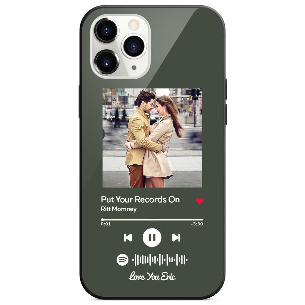 Custom Spotify Code Music iPhone Case with Text Scannable Engraved Custom Music Song Tempered Glass  - Dark Green