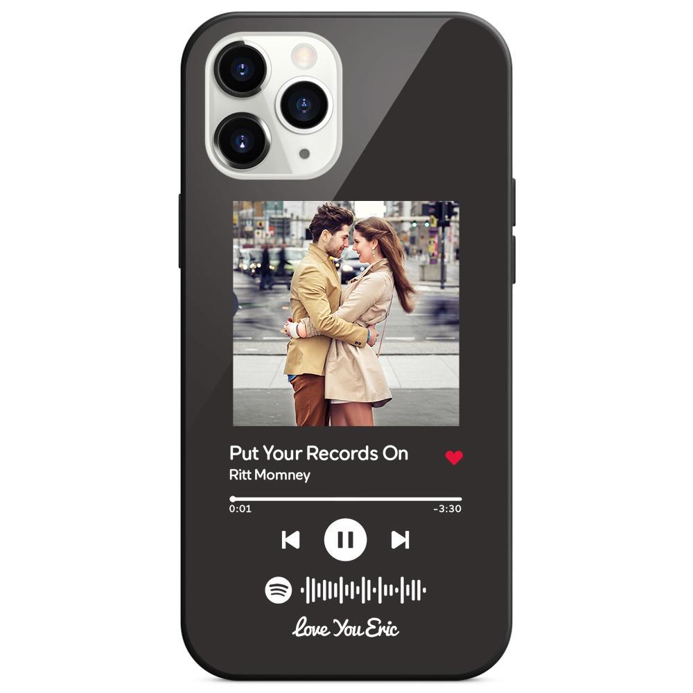 Custom Spotify Code Music iPhone Case with Text Scannable Engraved Custom Music Song Tempered Glass  - Black
