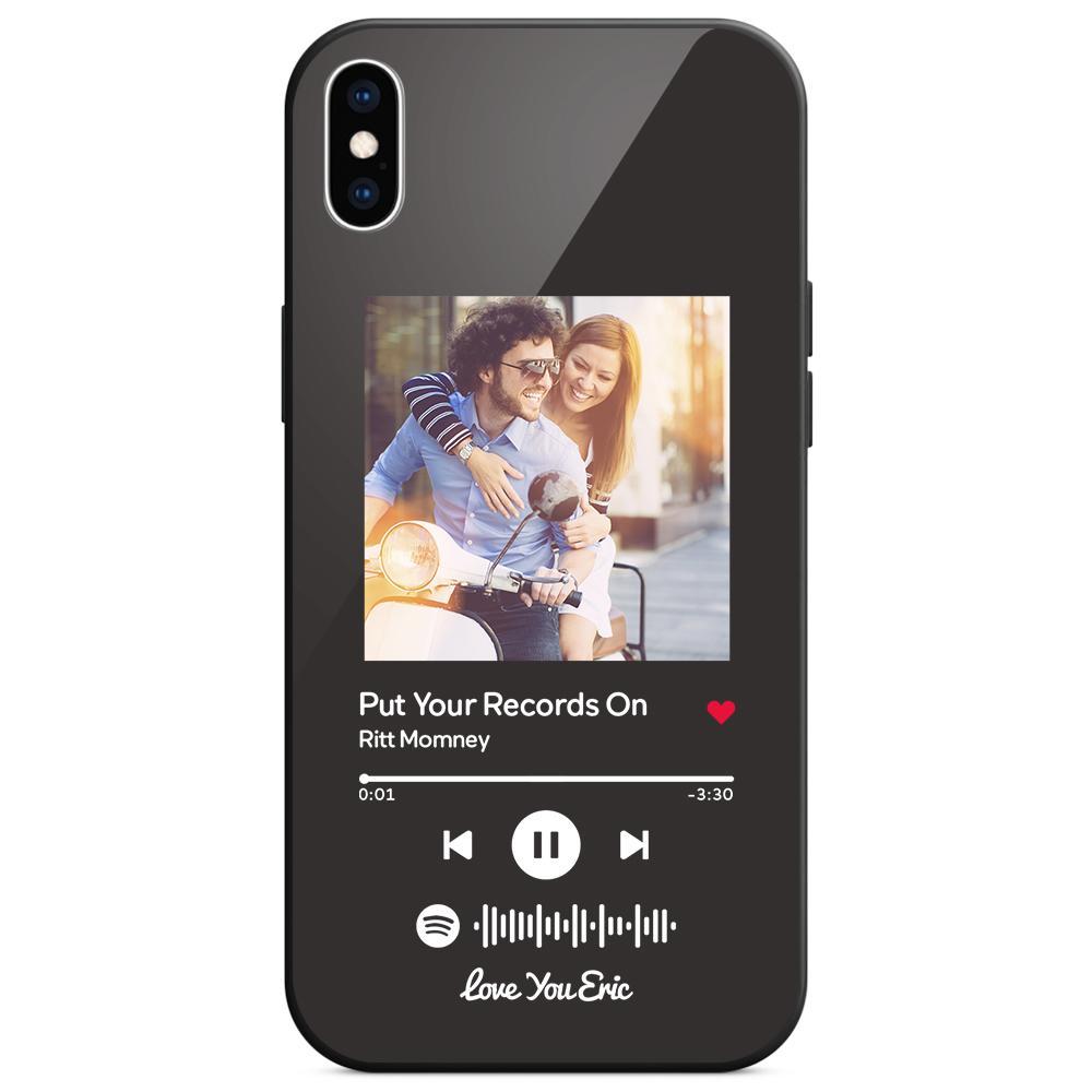 Custom Spotify Code Music iPhone Case with Text Scannable Engraved Custom Music Song Tempered Glass  - Black