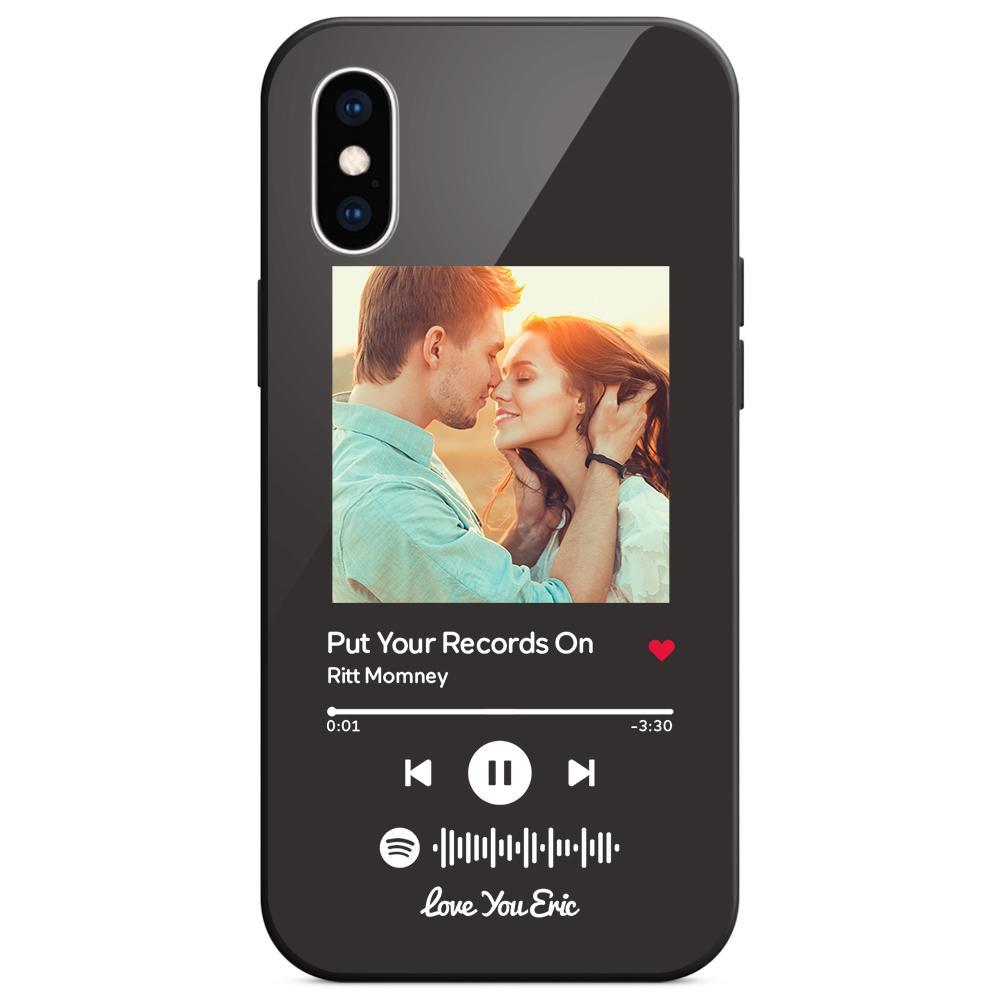 Custom Spotify Code Music iPhone Case with Text Scannable Engraved Custom Music Song Tempered Glass  - Black