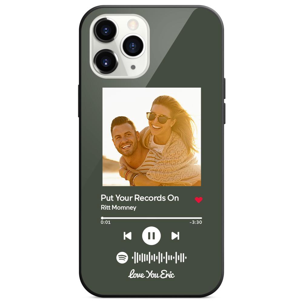 Custom Spotify Code Music iPhone Case with Text Scannable Engraved Custom Music Song Tempered Glass  - Dark Green