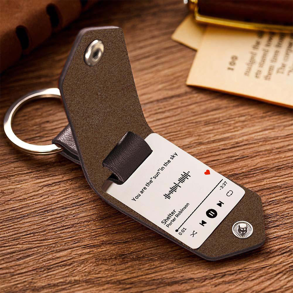 Scannable Music Code Keychain Custom Drive Safe Engraved Music Song Keychains Leather Gifts for Dad