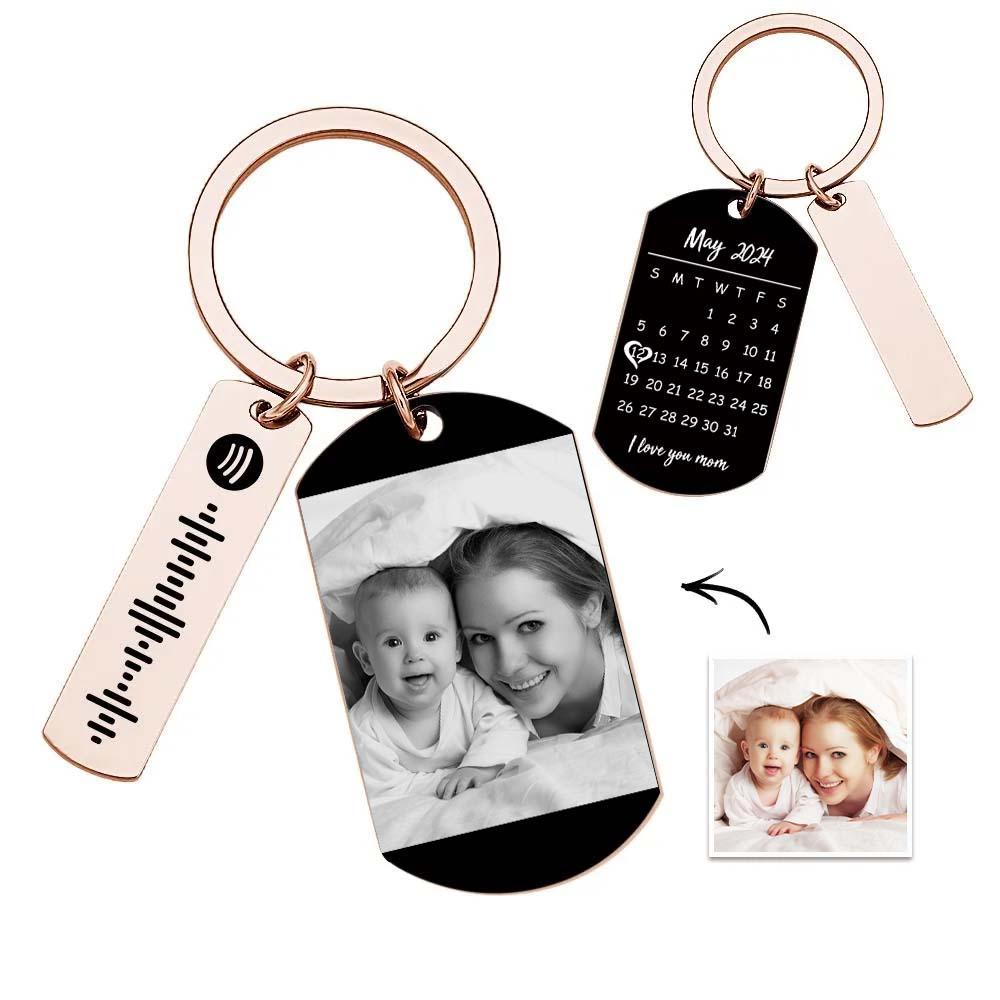 Personalized Spotify Calendar Keychain Custom Picture & Music Song Code Couples Photo Keyring Gift for Mother