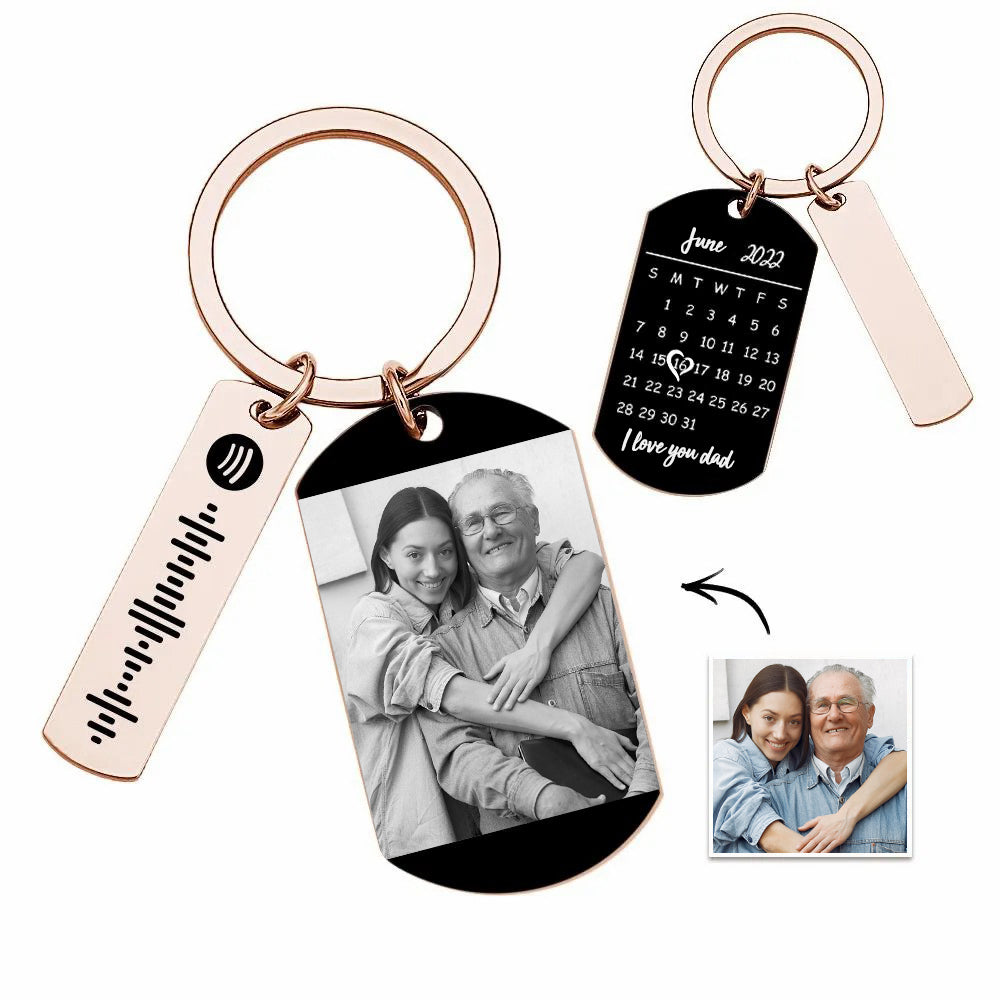Personalized Spotify Calendar Keychain Custom Picture & Music Song Code Couples Photo Keyring Gift for Father