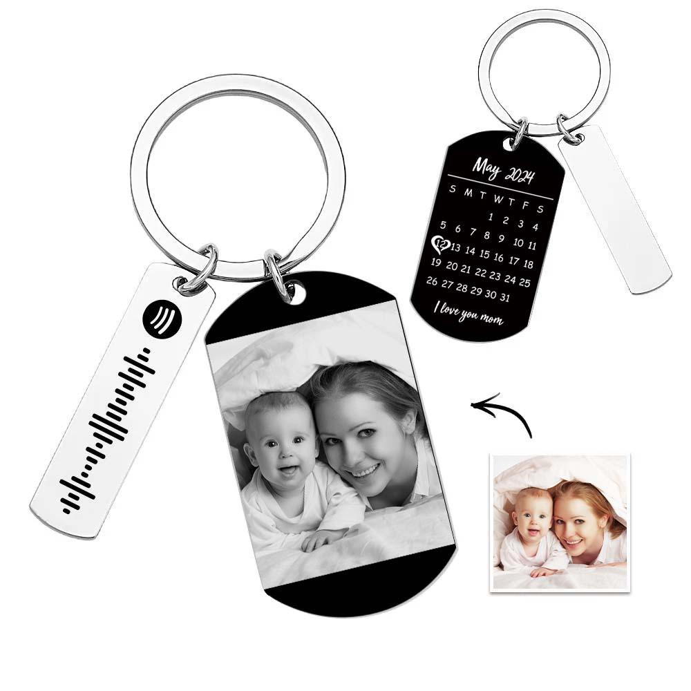 Personalized Spotify Calendar Keychain Custom Picture & Music Song Code Couples Photo Keyring Gift for Mother