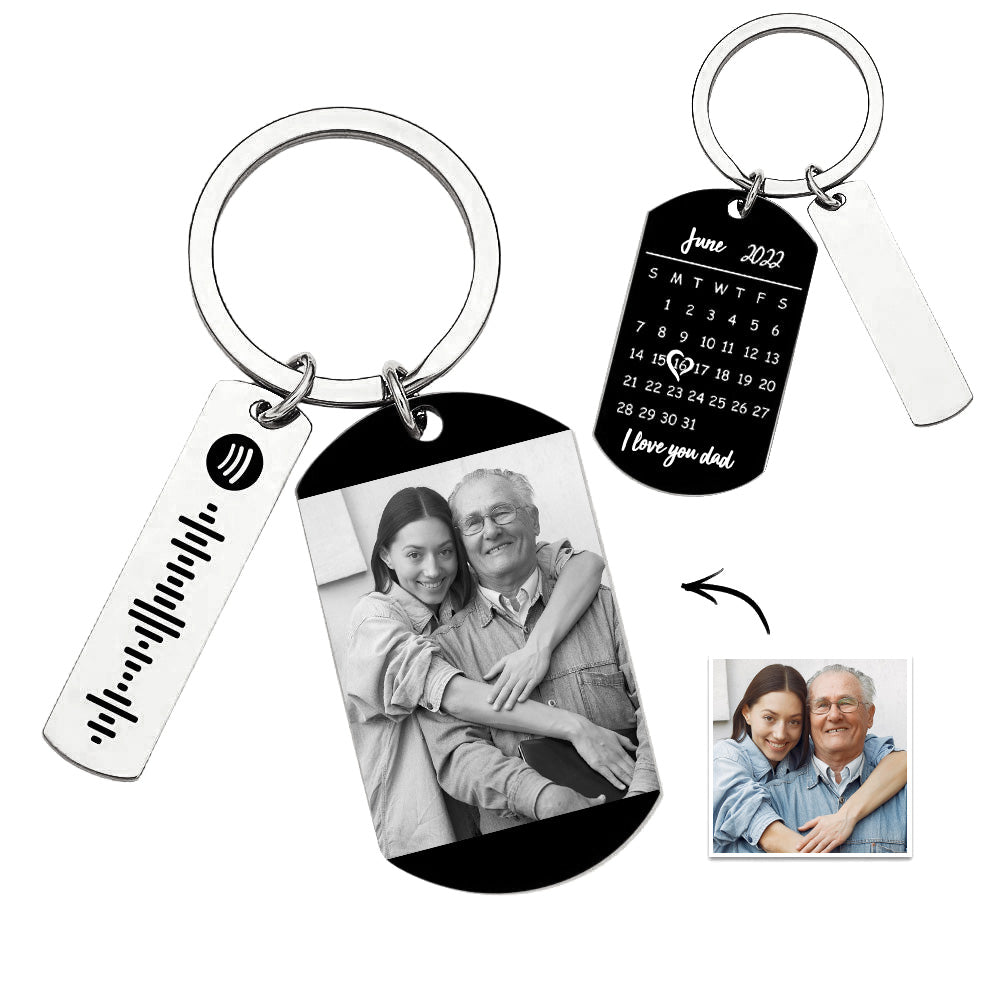 Personalized Spotify Calendar Keychain Custom Picture & Music Song Code Couples Photo Keyring Gift for Father