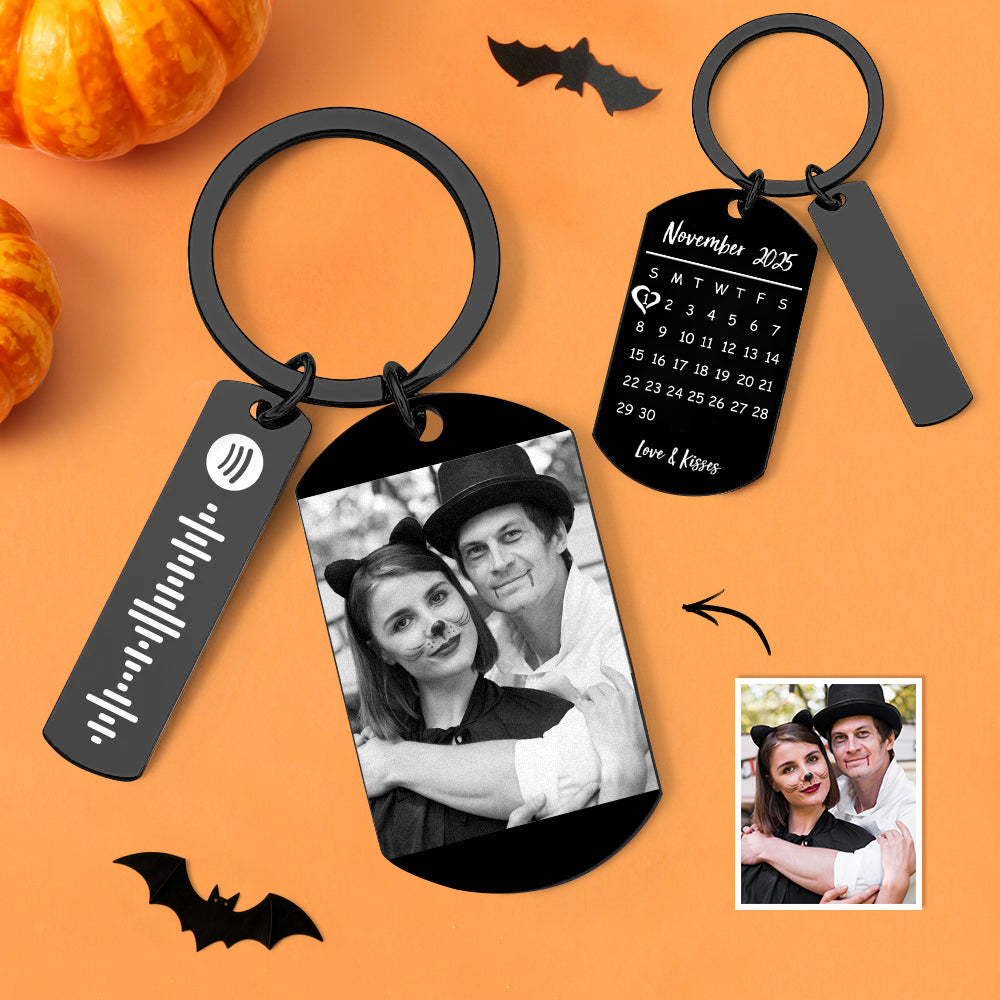 Personalized Spotify Calendar Keychain Custom Picture & Music Song Code Couples Photo Keyring Halloween Gifts