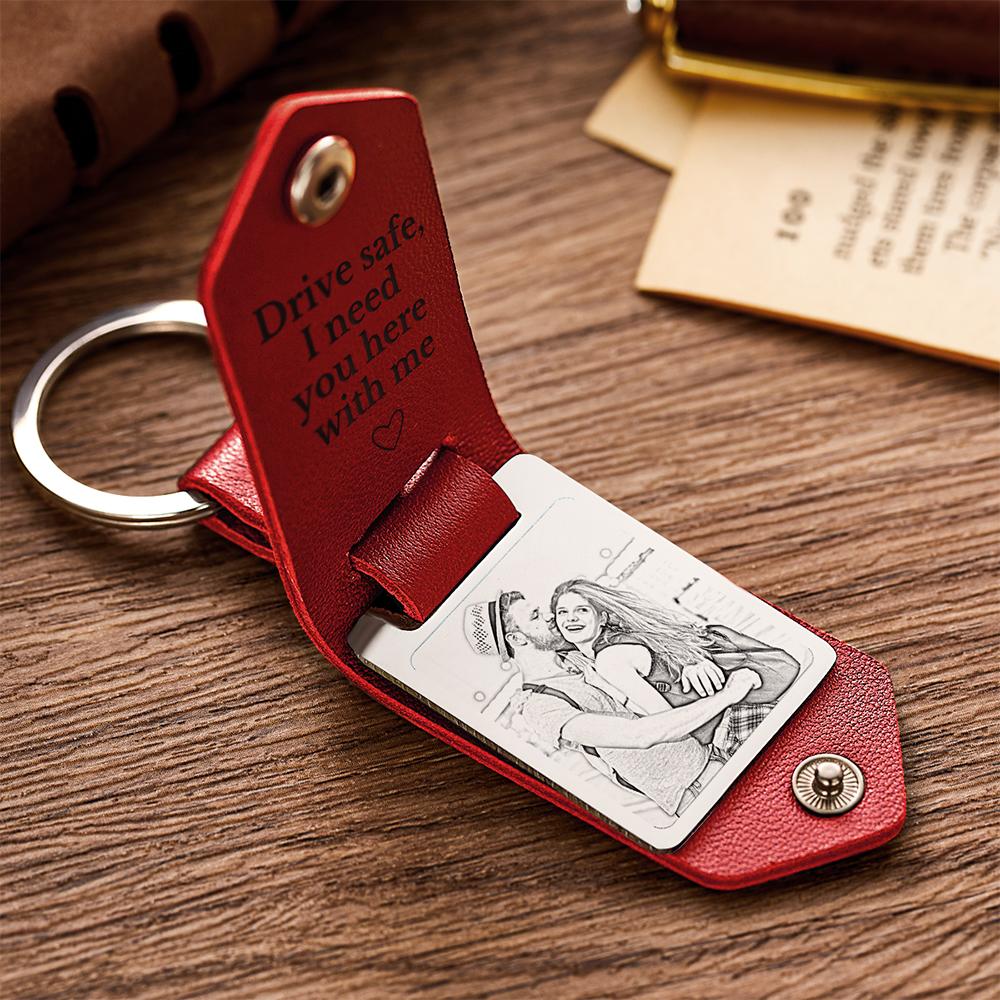 Personalized Leather Keychain Drive Safe Significant Custom Photo Keychain Anniversary Gift For Him
