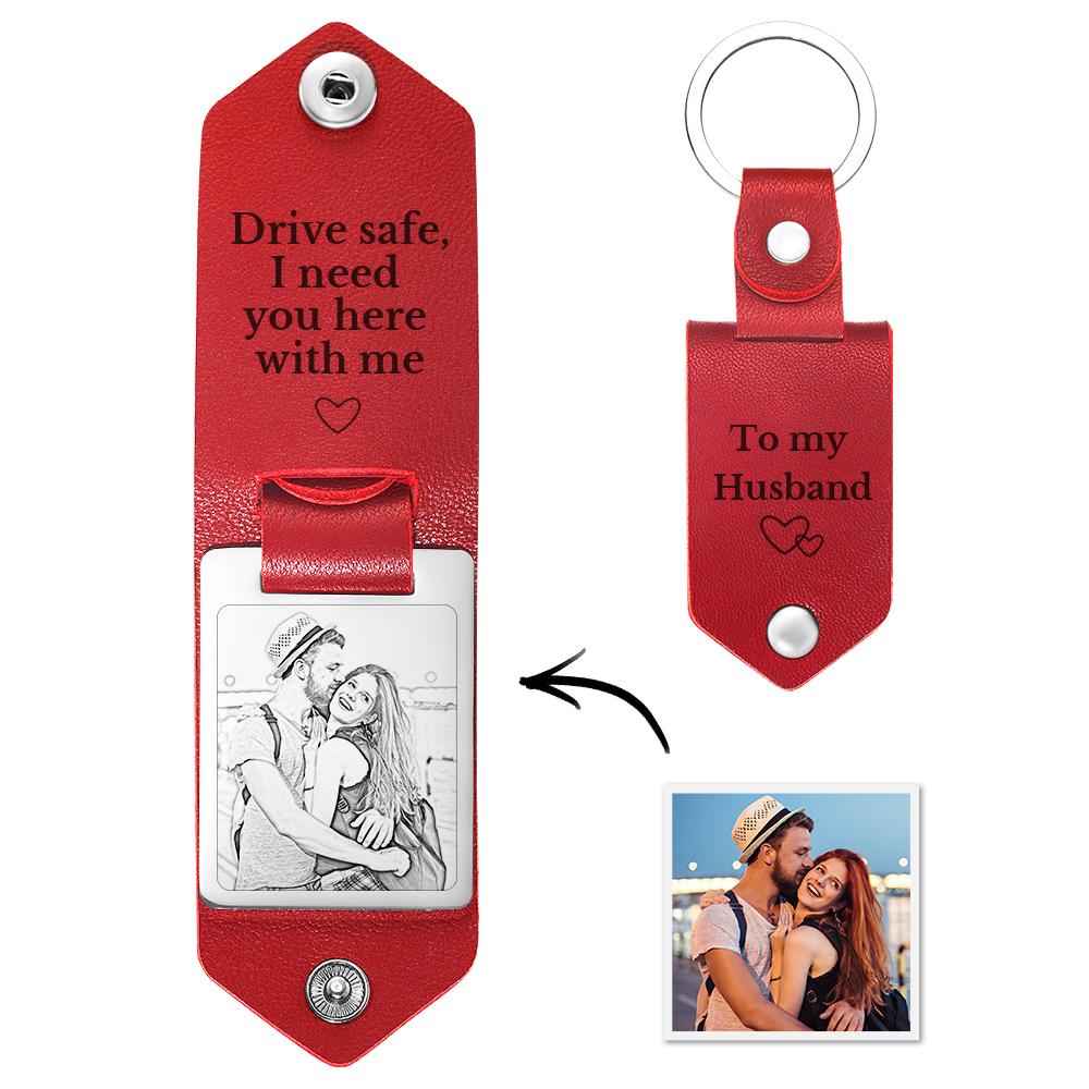 Personalized Leather Keychain Drive Safe Significant Custom Photo Keychain Anniversary Gift For Him