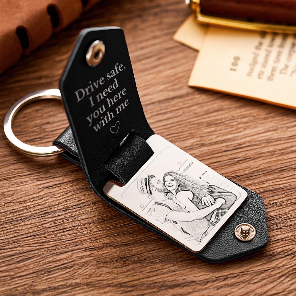 Personalized Leather Keychain Drive Safe Significant Custom Photo Keychain Anniversary Gift For Him