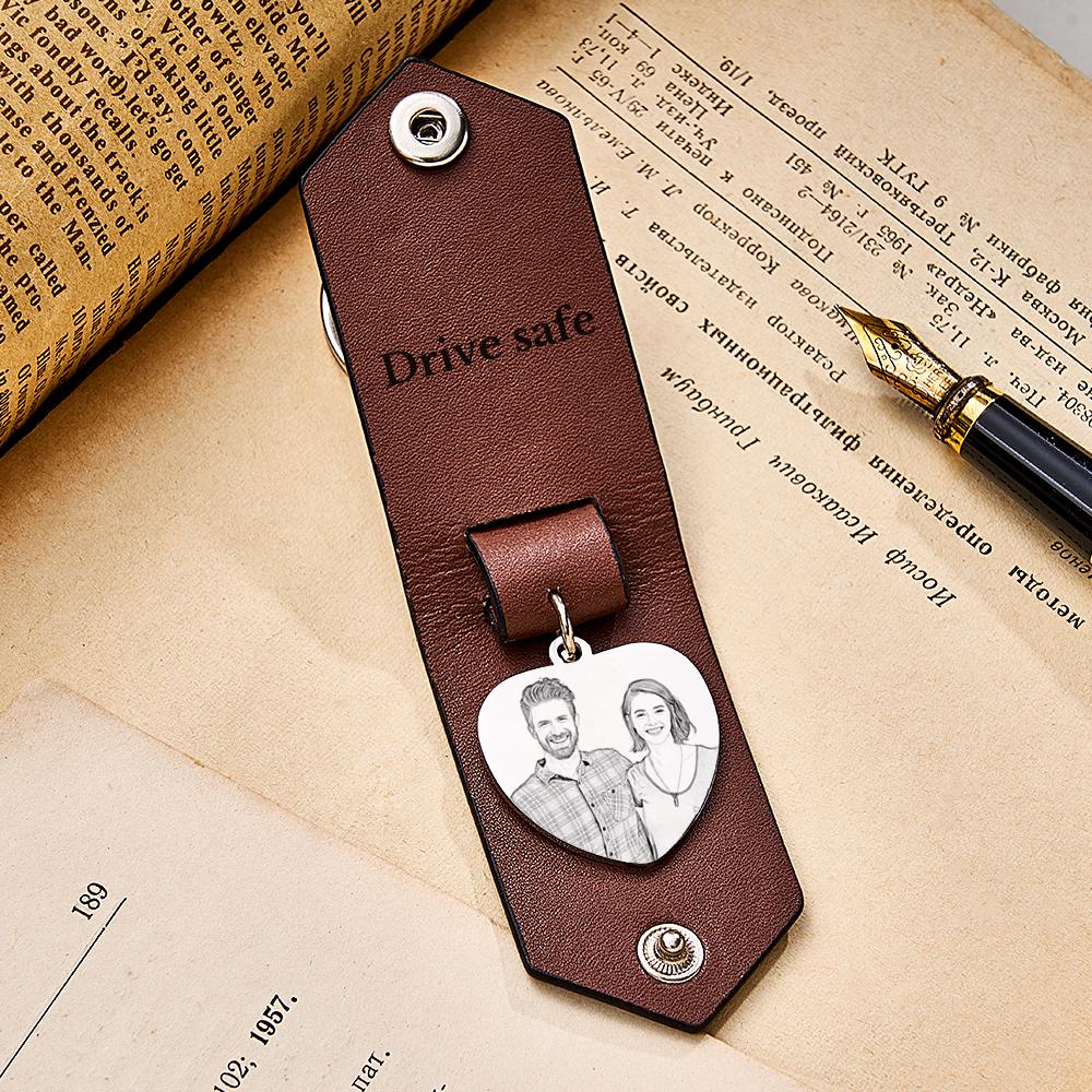 Custom Heart Shaped Photo Leather Keychain With Text Annivesary Gifts For Men