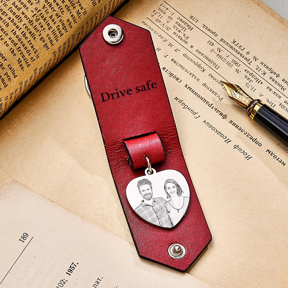 Custom Heart Shaped Photo Leather Keychain With Text Annivesary Gifts For Men
