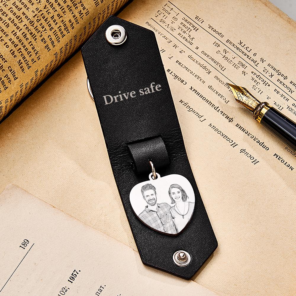 Custom Heart Shaped Photo Leather Keychain With Text Annivesary Gifts For Men