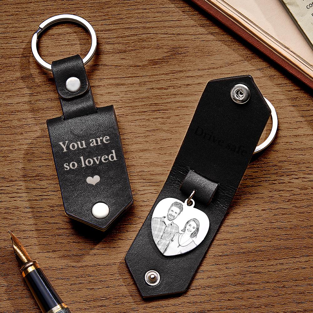 Custom Heart Shaped Photo Leather Keychain With Text Annivesary Gifts For Men