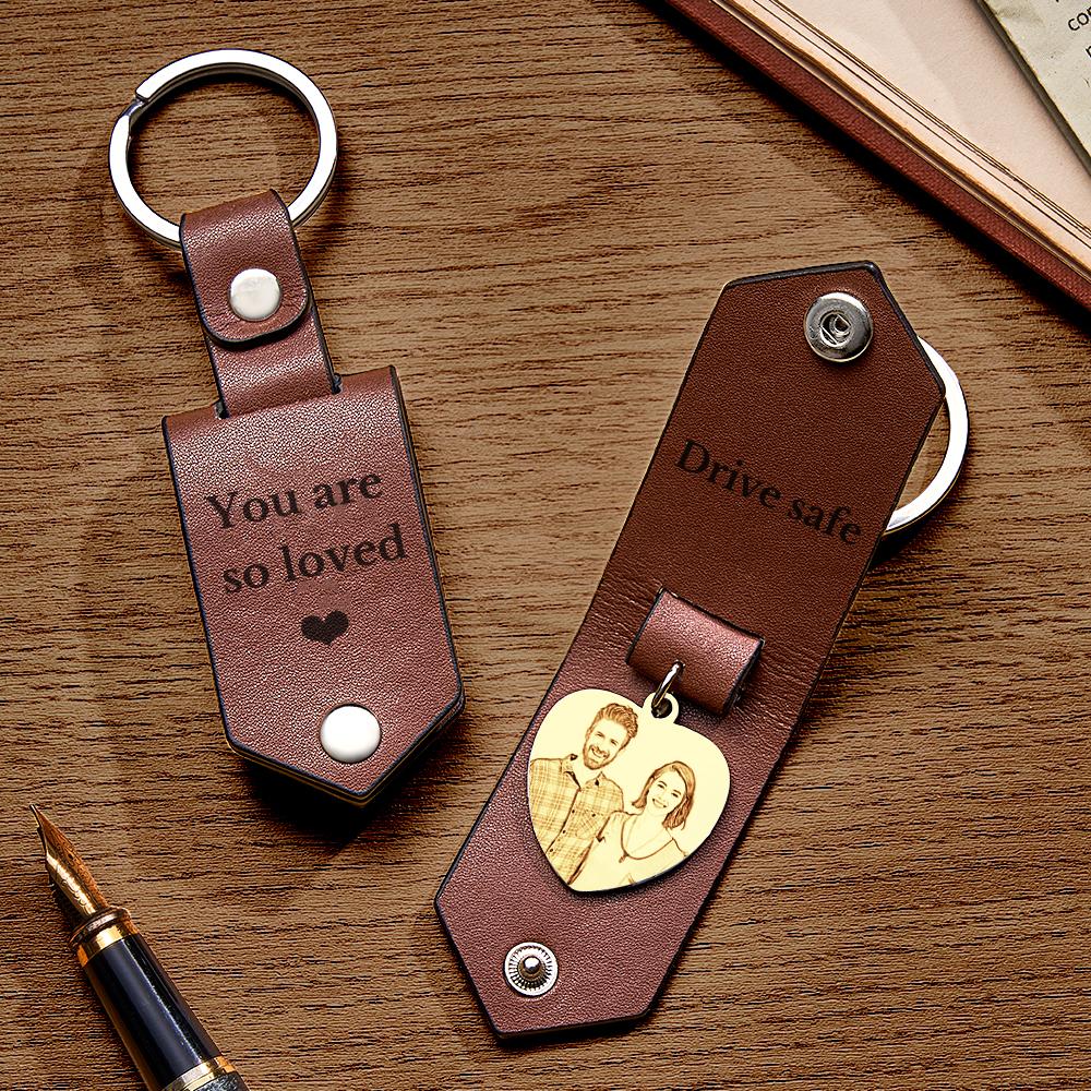 Custom Heart Shaped Photo Leather Keychain With Text Annivesary Gifts For Men
