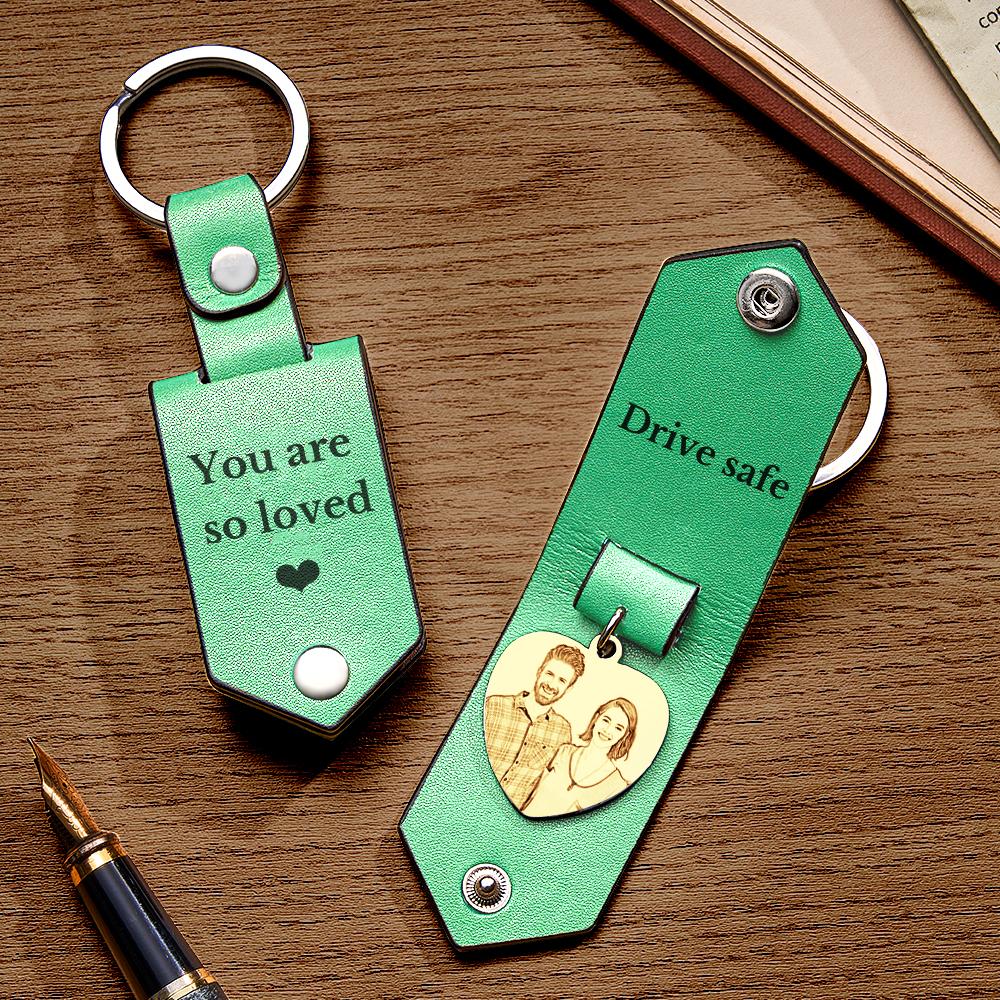 Custom Heart Shaped Photo Leather Keychain With Text Annivesary Gifts For Men