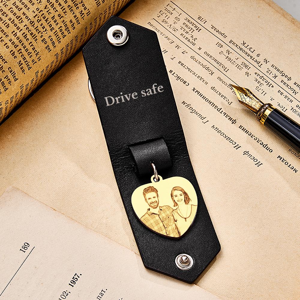 Custom Heart Shaped Photo Leather Keychain With Text Annivesary Gifts For Men