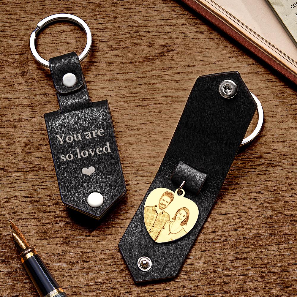Custom Heart Shaped Photo Leather Keychain With Text Annivesary Gifts For Men