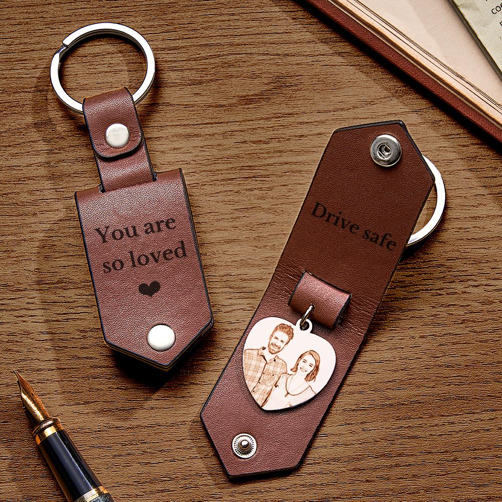 Custom Heart Shaped Photo Leather Keychain With Text Annivesary Gifts For Men