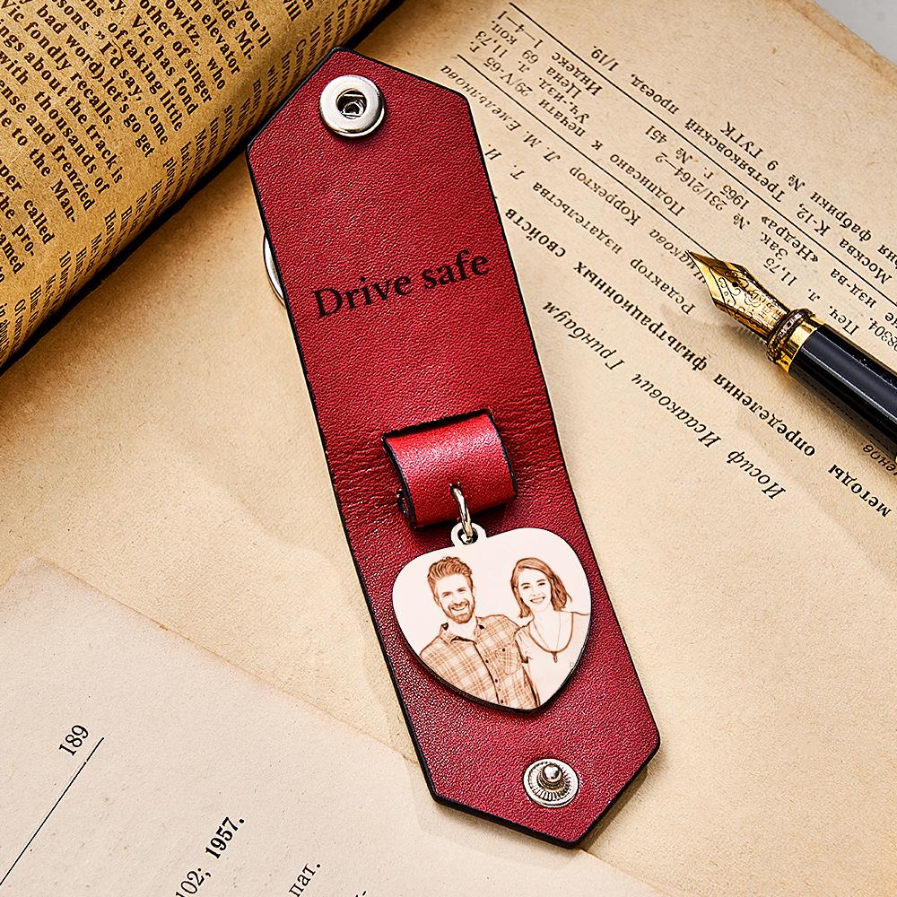 Custom Heart Shaped Photo Leather Keychain With Text Annivesary Gifts For Men