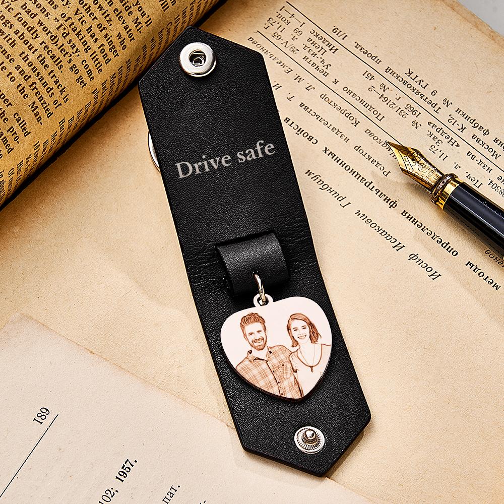 Custom Heart Shaped Photo Leather Keychain With Text Annivesary Gifts For Men