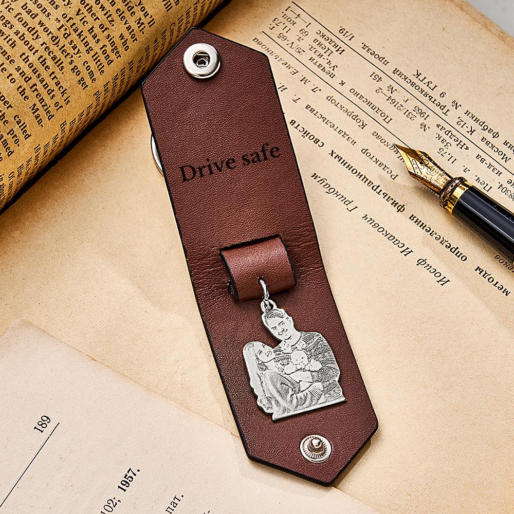 Custom Photo Leather Drive Safe Keychain With Engraved Text Key Ring Annivesary Gifts For Men