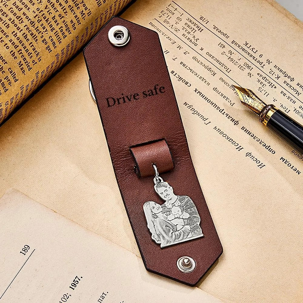 Custom Photo Leather Drive Safe Keychain With Engraved Text Key Ring Annivesary Gifts For Father