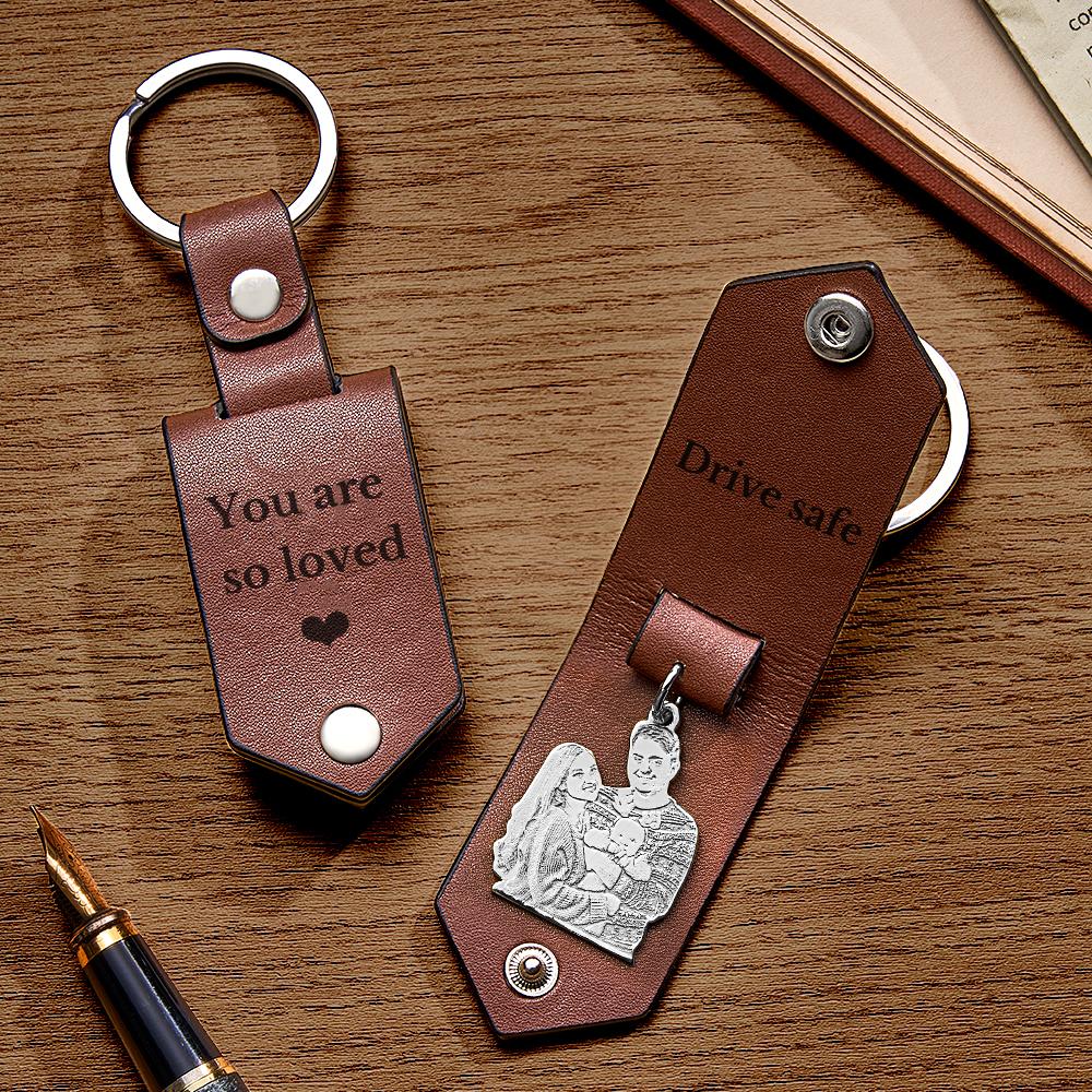 Custom Photo Leather Drive Safe Keychain With Engraved Text Key Ring Annivesary Gifts For Men