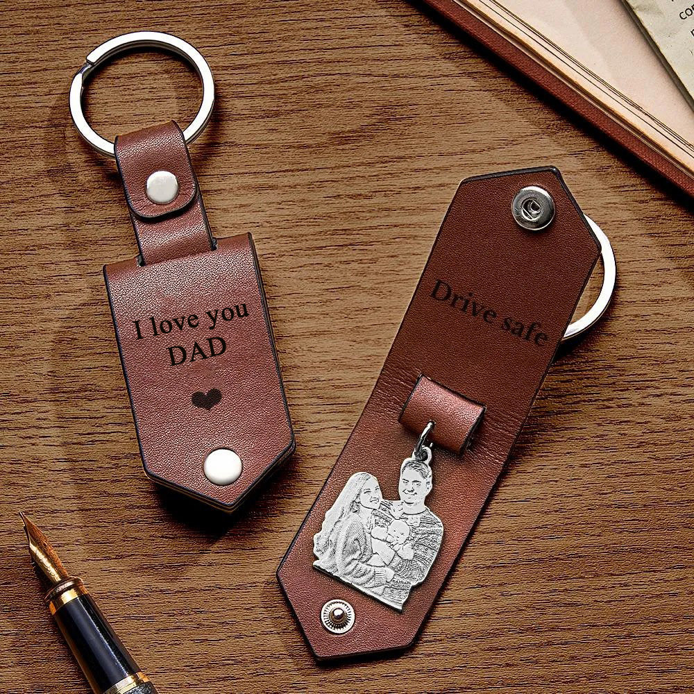 Custom Photo Leather Drive Safe Keychain With Engraved Text Key Ring Annivesary Gifts For Father