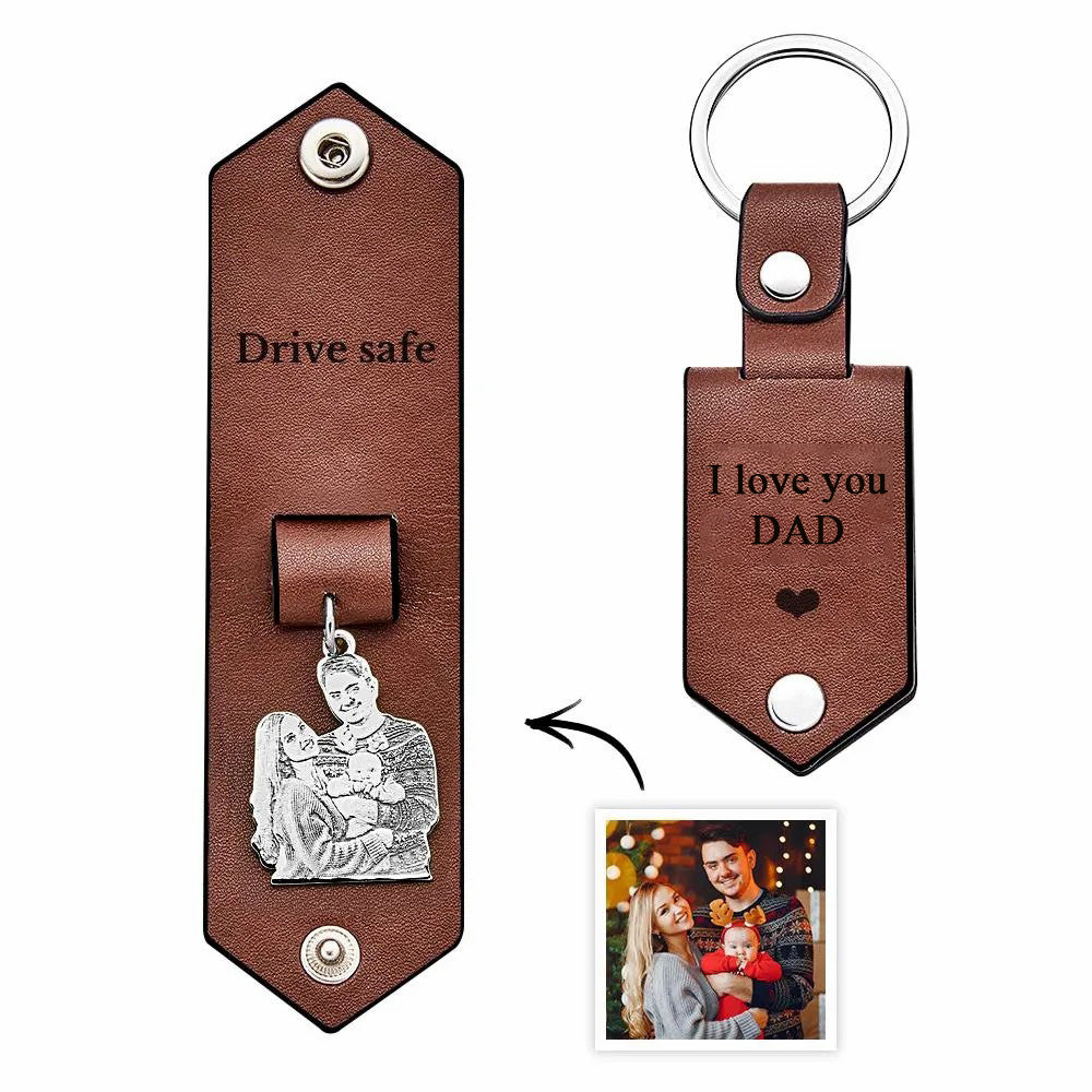 Custom Photo Leather Drive Safe Keychain With Engraved Text Key Ring Annivesary Gifts For Father