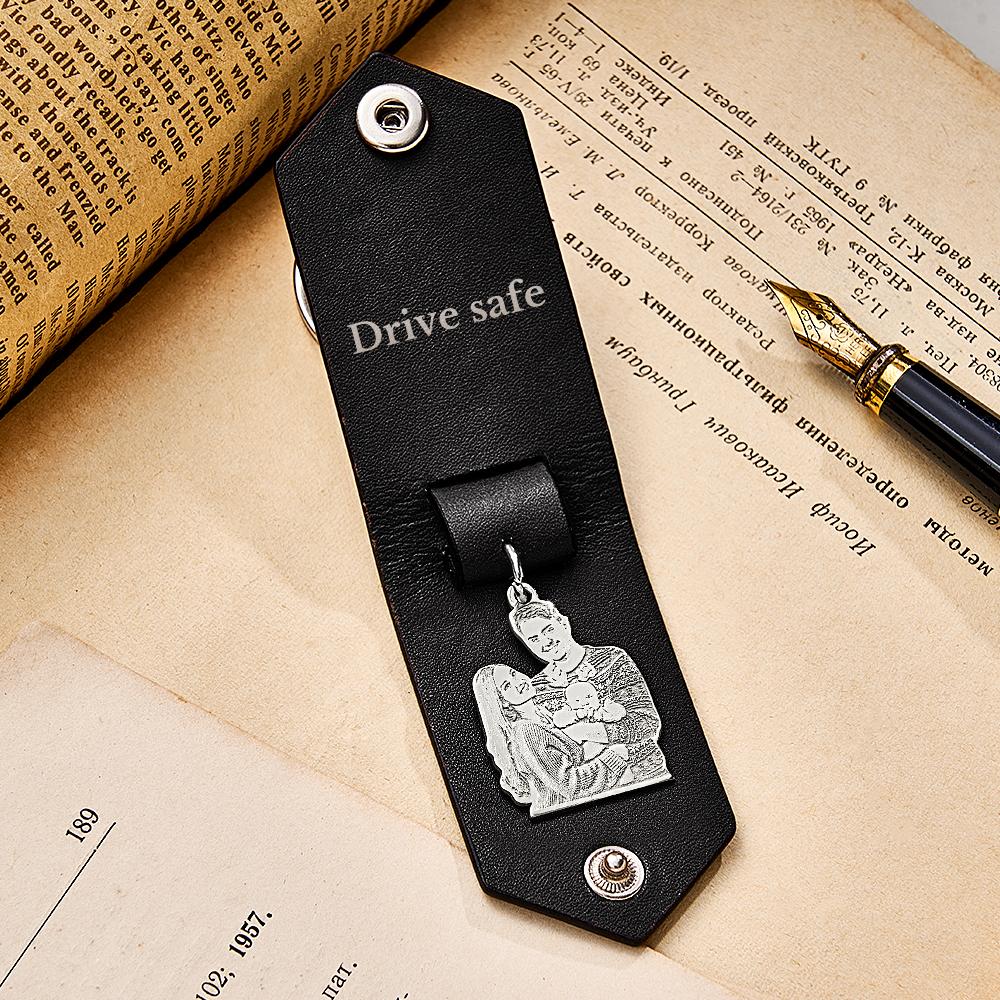 Custom Photo Leather Drive Safe Keychain With Engraved Text Key Ring Annivesary Gifts For Men