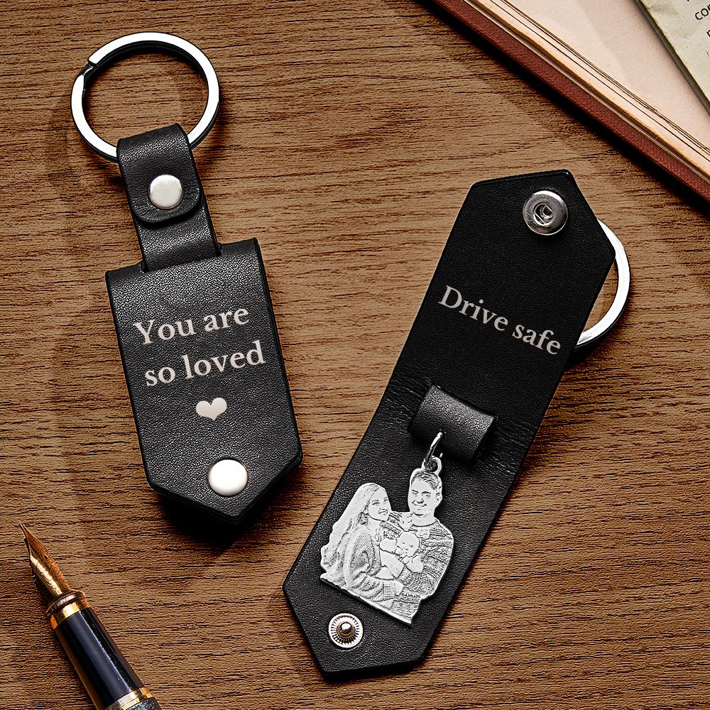Custom Photo Leather Drive Safe Keychain With Engraved Text Key Ring Annivesary Gifts For Men