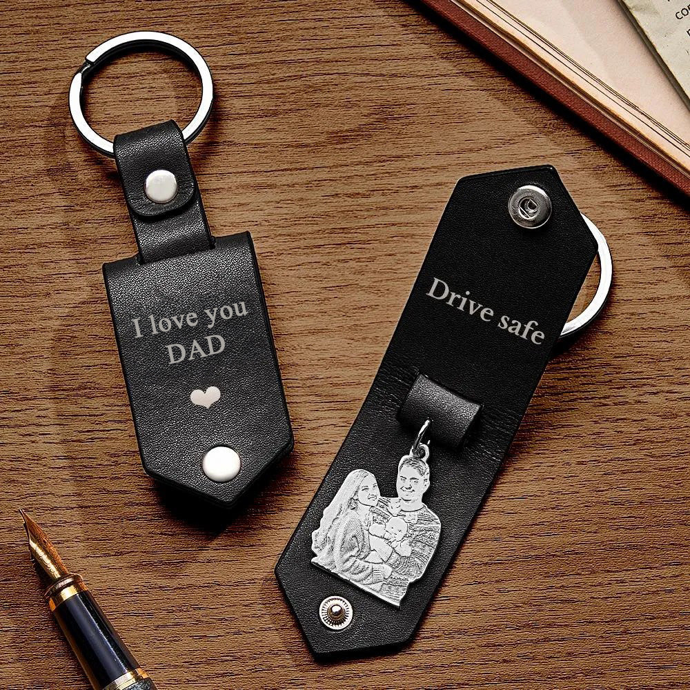 Custom Photo Leather Drive Safe Keychain With Engraved Text Key Ring Annivesary Gifts For Father