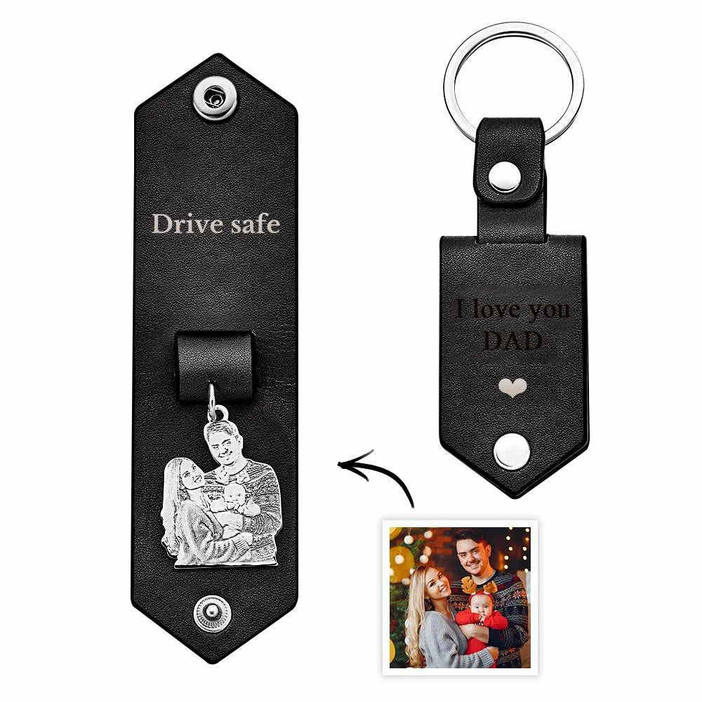 Custom Photo Leather Drive Safe Keychain With Engraved Text Key Ring Annivesary Gifts For Father