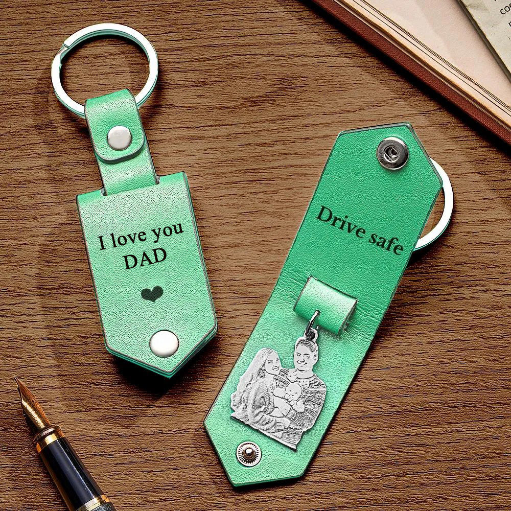 Custom Photo Leather Drive Safe Keychain With Engraved Text Key Ring Annivesary Gifts For Father