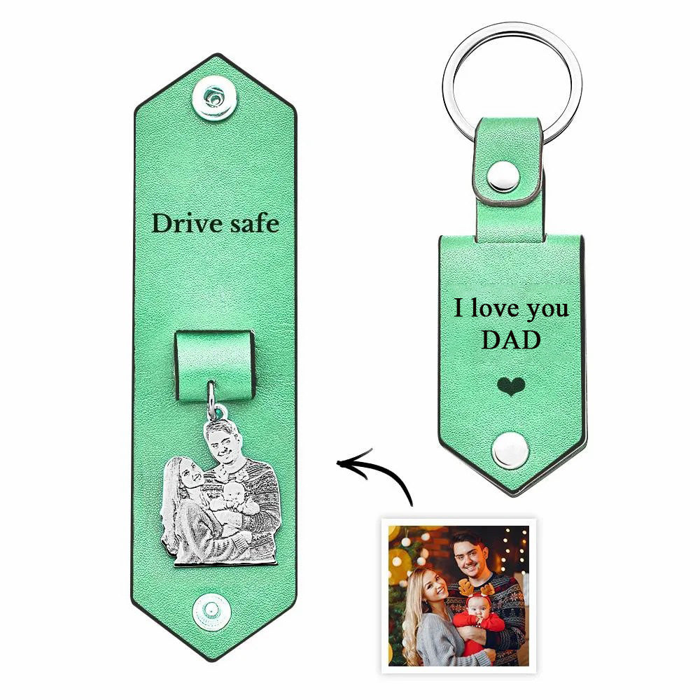 Custom Photo Leather Drive Safe Keychain With Engraved Text Key Ring Annivesary Gifts For Father