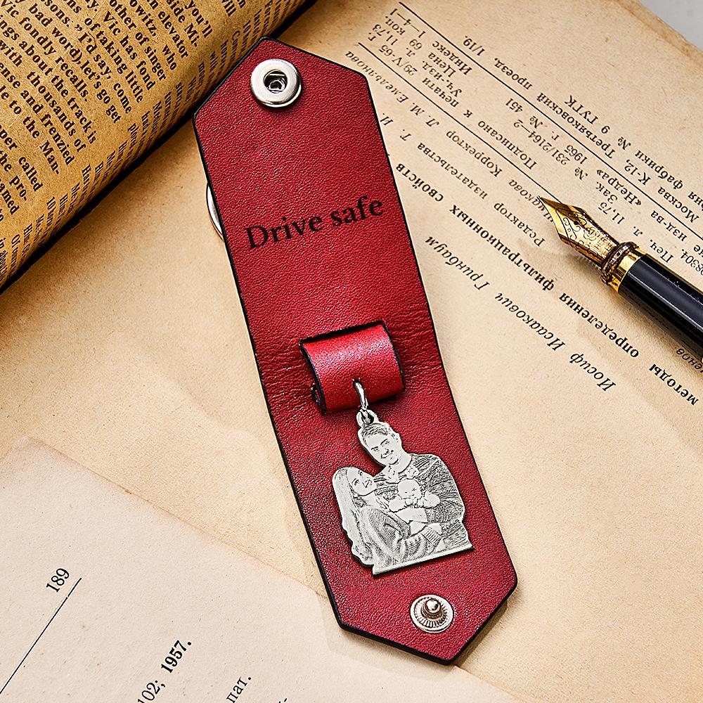 Custom Photo Leather Drive Safe Keychain With Engraved Text Key Ring Annivesary Gifts For Men