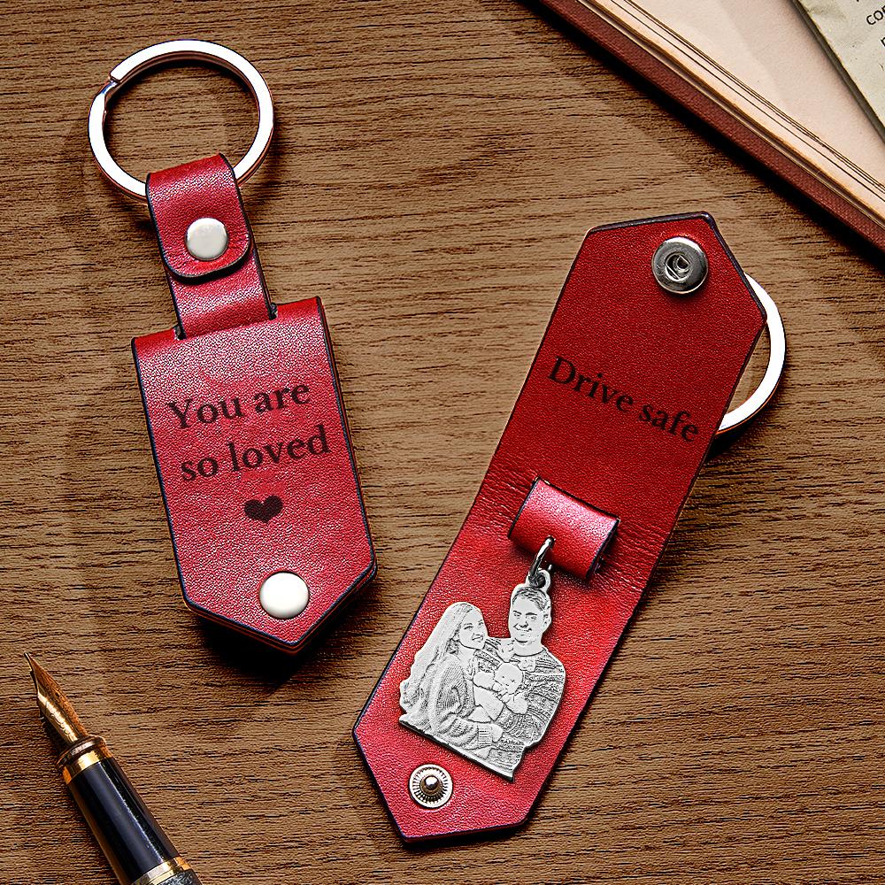Custom Photo Leather Drive Safe Keychain With Engraved Text Key Ring Annivesary Gifts For Men